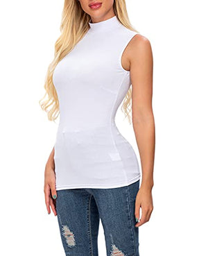 Women's Summer Sleeveless Mock Turtleneck Top Stretch Soft Slim Fit T Shirt White