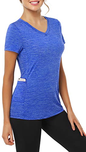 CHICHO V Neck Pocket T-Shirts Women, Outwear Sweat-Wicking Stretch Short Sleeve Teen Shirt Loose Fit Quick Dry Absorb Sweat Working Out Sport Top Blue XXLarge