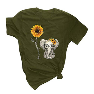 Qianxitang Women's Graphic Tees Cute Sunflower Elephant Print Summer Casual Short Sleeve Round Neck Tops T Shirt (Army Green,Small)