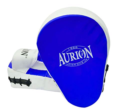 AURION Boxing PU Pads Focus Curved Maya Hide Leather Hook and Jab Target Hand Pads Great for MMA Kickboxing, Martial Arts, Karate Training, Strike Shield (Blue Focus PAD)