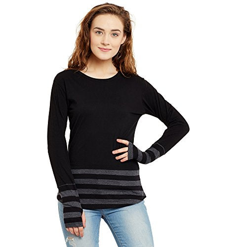 HYPERNATION Black and Grey Stripe Round Neck Thumb Insert Cotton Blend T-Shirt for Women(HYPW01355)