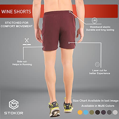 STOKOR Athleisure Men's Regular Fit Sports Shorts | Quick Dry Technology | (Large, Wine)