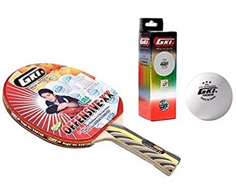 GKI Offensive XX Table Tennis Combo Set (GKI Offensive XX Table Tennis Racquet + GKI Premium 3 Star 40 Table Tennis Ball, Box of 3 - White)