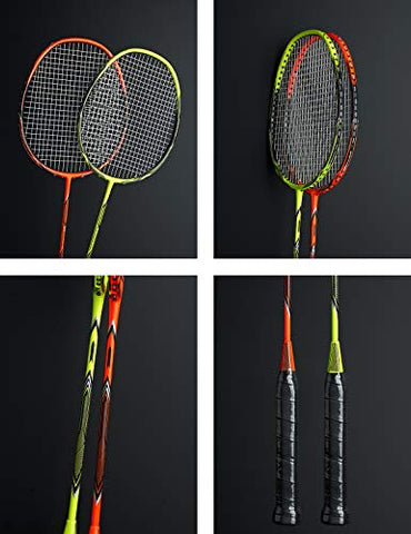 Image of WOED-2 Player Badminton Set, Carbon Fiber Badminton Rackets Badminton Racquet for Backyards Gym with 3 Shuttlecocks 2 Grip Tape and 1 Badminton Bag, Yellow Orange