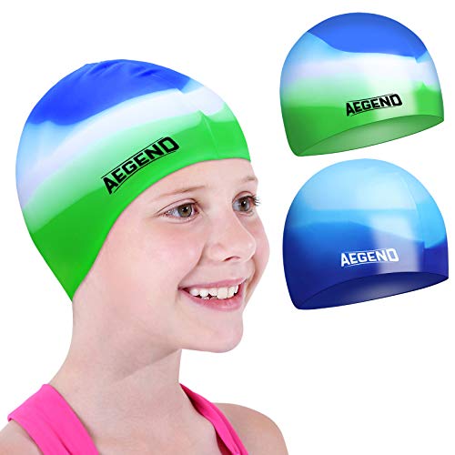 aegend Youth Swim Cap (Age 5-10), 2 Pack, Blue & Green
