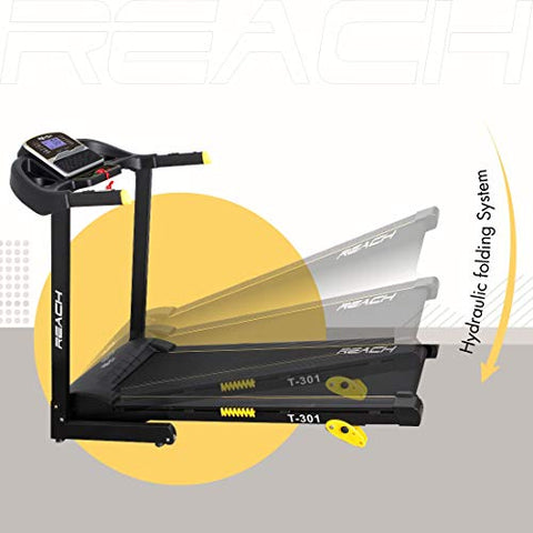 Image of Reach T-301 Folding Treadmill Peak 4 HP | Foldable Home Fitness Equipment with LCD Display for Walking & Running | Cardio Exercise Gym Machine | 4 Incline Levels | 12 Preset or Adjustable Programs | Bluetooth Connectivity | 100 Kgs Max User Weight