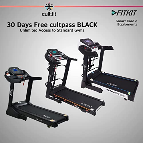 Fitkit FT100 Series (3.25HP Peak) DC-Motorized Treadmill (Inclination: Manual, Max Weight: 110 Kg) with Free Cult BLACK Pass, At Home Installation and Connected Live Interactive Sessions by Onefitplus