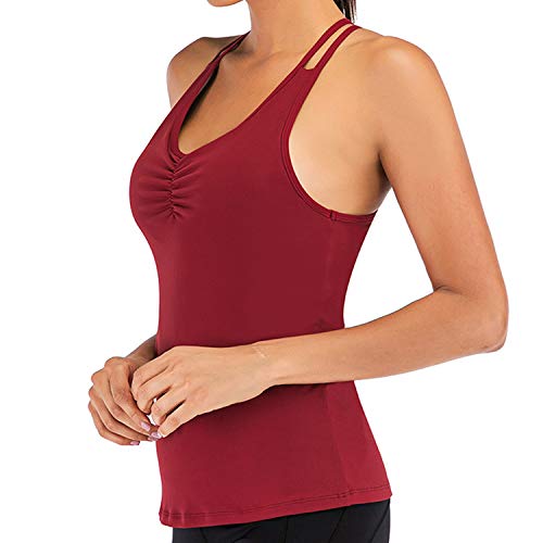 Womens Yoga Tank Tops with Built in Bra Strappy Back Workout Tops Sports Racerback Activewear (#B-Red, X-Large)