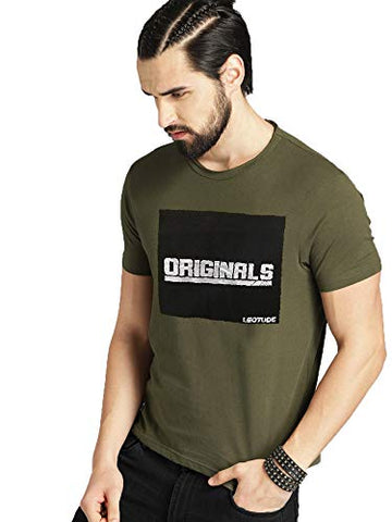 Image of LEOTUDE Regular Fit Cotton Blend Printed Men's T-Shirt (Olive Color, Size: XL)