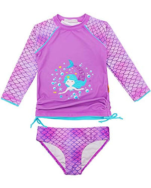 Little Girls Mermaid Rash Guard Scales Swimsuit Long Sleeve Two Piece Bathing Suit Swimwear UPF 50+ Protection 7-8 Years