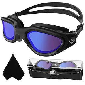 Polarized Swimming Goggles,Anti Fog Anti UV No Leakage Clear Vision Easy to Adjust,with Soft Nose Bridge for Men Women Adults Teenagers (All Black/Blue Polarized Mirrored Lens)