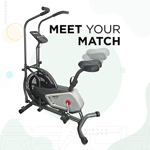 Reach Iconic Air Bike Exercise Cycle for Home Gym | Fan-based Air Resistance for Cardio & Fitness Workout | Indoor Gym Equipment with LCD screen and Cushioned Seat