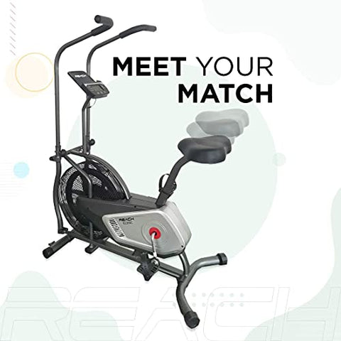 Image of Reach Iconic Air Bike Exercise Cycle for Home Gym | Fan-based Air Resistance for Cardio & Fitness Workout | Indoor Gym Equipment with LCD screen and Cushioned Seat