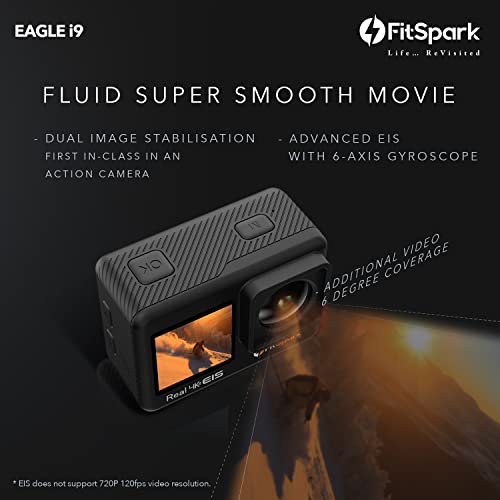 FitSpark Eagle i9 Dual Screen Real 4K WiFi Action Camera with Wind Noise Reduction | Ultra HD 170° Wide-Angle Lens | 6-Axis Gyro Stablization + EIS | 2.5mm External MIC Support | Smartwatch Remote