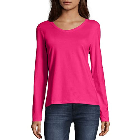 Image of Hanes Women's V-Neck Long Sleeve Tee, Sizzling Pink, Large