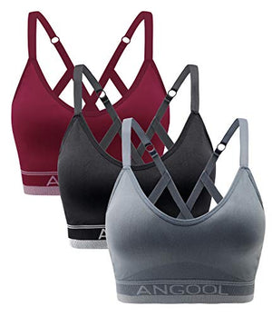 ANGOOL Women's Strappy Sports Bra with Adjustable Straps - Medium Support Longline Wirefree Activewear Bra,3 Pack,Black+Grey+Red,Medium