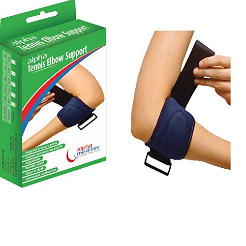 Alpha Tennis Elbow Support with Pressure Point -for Elbow Pain due to Sports, Computer, Gym, Strain, Tear- Black Universal Size