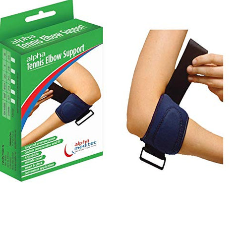 Image of Alpha Tennis Elbow Support with Pressure Point -for Elbow Pain due to Sports, Computer, Gym, Strain, Tear- Black Universal Size