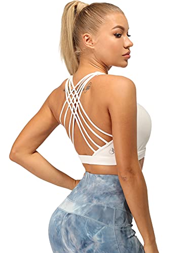 icyzone Sports Bras for Women - Activewear Strappy Padded Workout Yoga Tops Bra Off White
