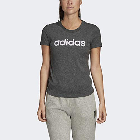 Image of adidas Women's Essentials Linear Slim Tee Dark Gray Heather/Purple Tint X-Small