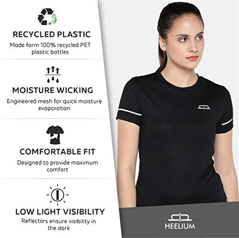 Image of HEELIUM Women's Polyester T-Shirt for Sports, Gym, Yoga & Running, Black, Strechable Fit, Quick Dry (Sizes - S: 33 inch, M: 35 inch, L: 37 inch, XL: 39 inch)