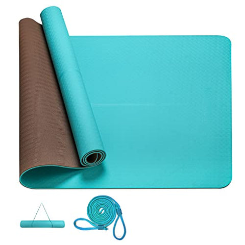 Image of PROIRON TPE Yoga Mat 1830×660×6 mm(Cyan/Brown), Yoga Mat Extra Wide, Non Slip Large Exercise Mat Pilates Mat with Carry Strap for Fitness Home Gym TPE Eco Friendly Yoga Mat