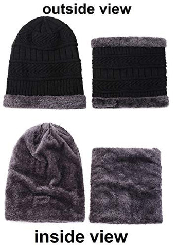 Image of ABlue Clipper Unisex Woollen with Faux Fur Inner Side Beanie Cap and Neck Muffler Winter Combo Set (Black , Free Size )