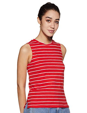 Image of Amazon Brand - Symbol Women's Striped Regular Fit Sleeveless Cotton T-Shirt (SYMAW19TS035B_Red_Large)