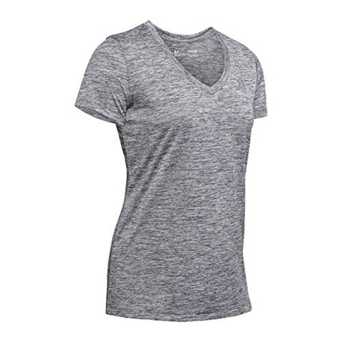 Image of Under Armour Women's Tech V-Neck Twist Short Sleeve T-Shirt, Pitch Gray (012)/Metallic Silver, Large