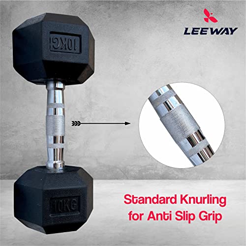 LEEWAY Hex Dumbbells Pack (10 kg*2)| Gym Dumbbells| Rubber Coating Free Weight Dumbbell Set| Rubber Encased Hex Fixed Dumbbell Weight| Professional