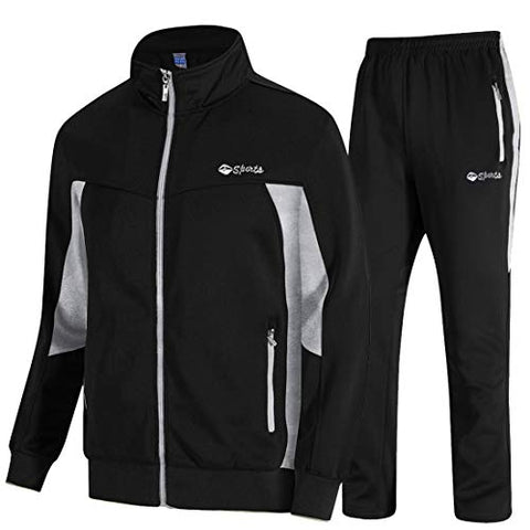 Image of TBMPOY Men's 2 Piece Jacket & Pants Woven Warm Jogging Gym Activewear(Black/Grey,US S)