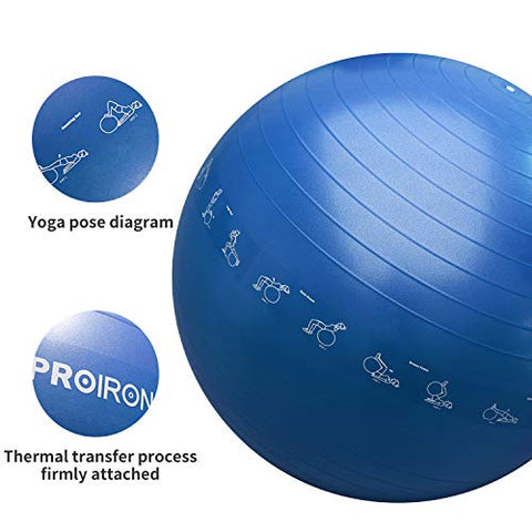 Image of PROIRON Printed Yoga Ball-55cm Blue Exercise Ball with Postures Shown on The Yoga Ball, Pregnancy Ball, Anti-Burst Gym Ball, Swiss Ball with Pump, Birthing Ball for Yoga, Pilates, Fitness, Labour