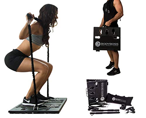 BodyBoss Home Gym 2.0 - Full Portable Gym Home Workout Package + 1 Set of Resistance Bands - Collapsible Resistance Bar, Handles - Full Body Workouts for Home, Travel or Outside - Black