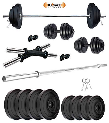 Image of Kore PVC 30 Kg Home Gym Set With One 4 Ft Plain Rod And One Pair Dumbbell Rods, Multicolour