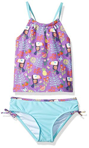 KIKO & MAX Girls' Little Tankini 2-Piece Swimsuit Bathingsuit, Purple Tropical Print, 5