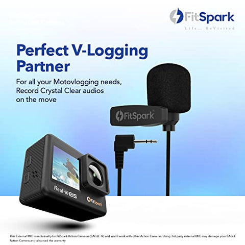 Image of FitSpark External MIC Exclusively for Eagle i9 Action Camera with 2.5mm Connector | Convenient Clip | Long Cable (Black)