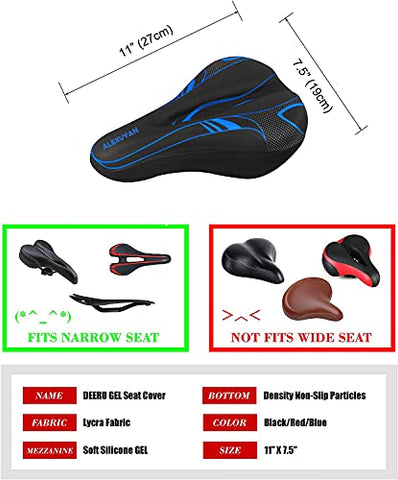 Image of AlexVyan Soft Bicycle Silicone Gel Saddle Cover ( 11*7.5 Inch) Cycling Cushion Pad City Cycle Seat Cover Gym Cycle Gel Cover -Fits Narrow/Slim Seats (Black and Blue)