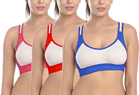 Image of StyFun Sports Bra for Women Combo Pack Gym Yoga Running Dancing Active wear Workout Girls Everyday Bra, Pack of 3 Bras Color - BlueRedPink Cup B Size- 40