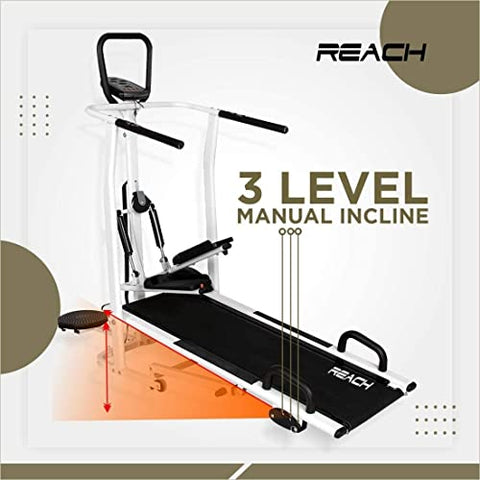 Image of Reach T-100 4 in 1 Manual Treadmill for Home Gym | Multi-Functional (Jogger, Twister, Stepper & Push-up bar) Treadmill | 3 Level Manual Incline | For Full Body Workouts | Max User Weight 120kg