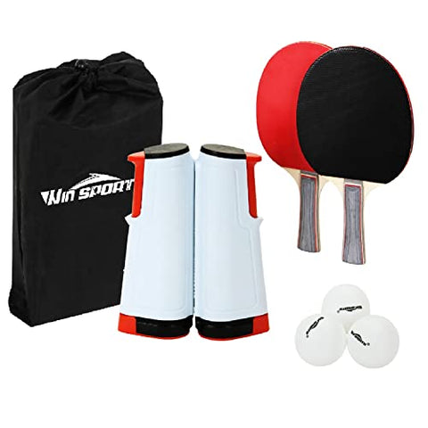 Image of Win SPORTS Ping Pong Paddle Set with Retractable Net|Set of Play Anywhere Ping Pong Net for Any Table,2 Table Tennis Paddle& Rackets,3 Balls,Storage Case|Set with Retractable Table Tennis Net