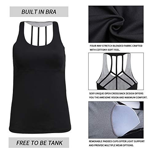 Women’s Yoga Tops Activewear Workout Shirts Sports Racerback Strappy Tank Tops with Built-in Support Bra White