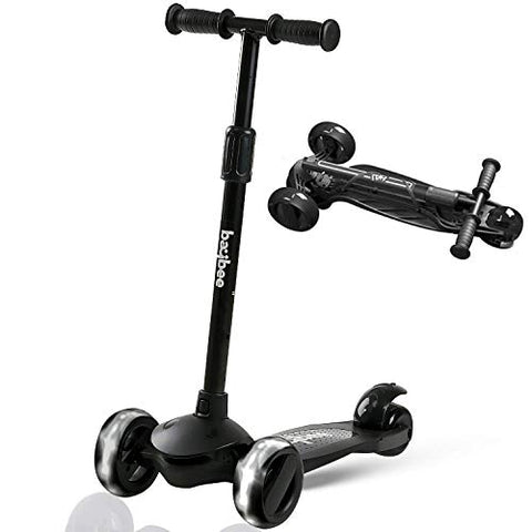 Image of Baybee Alpha Scooter for Kids, 3 Wheel Kids Scooter Smart Kick Scooter with Foldable & Height Adjustable Handle & Extra-Wide LED PU Wheels & Brake, Skate Scooter for Kids (F3-Black)