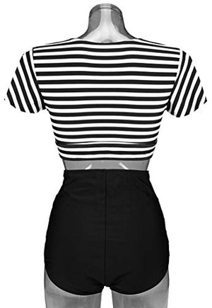 COCOSHIP Black & White Striped Women's High Waist Ruched Bikini Set Tie Front Short Sleeve Top Ruffle Straps Bath Swimwear 16