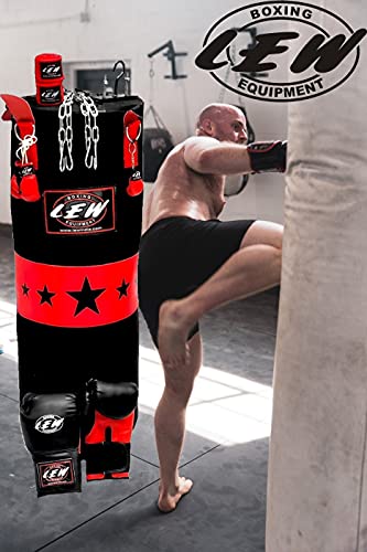 LEW Punching Bag Combo 9 Piece Boxing Set Filled with Heavy Bag Gloves Ceiling Hook Chains Hand Wraps Training Kickboxing Muay Thai MMA Boxing Punching Bag