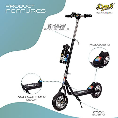 Image of Dash Power Ranger 2 Wheel Scooter for Kids with Sipper, Bell, Stand and Adjustable Height Upto 12 Years Kids (Capacity 60 kg, Black)