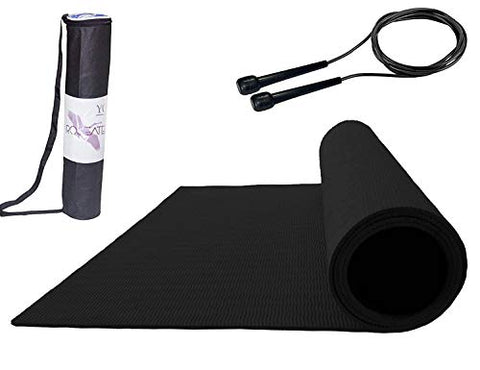 Image of Roseate Yoga Mat 4MM Large with Free Skipping Rope & Carrying Bag High Density Anti-Skid for Men & Women Fitness Flooring Workout Sweat Proof for Gym/Home/Outdoor Workout (Black)