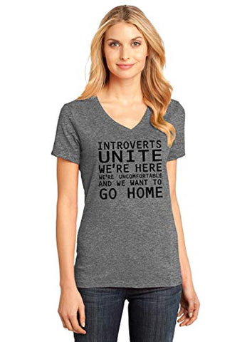 Image of Comical Shirt Ladies V-Neck Tee Introverts Unite were Here Uncomfortable and We Want Go Home Sport Grey 2XL