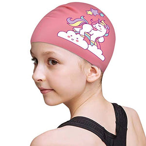 FUNOWN Kids Swim Caps for Kids, Children, Boys and Girls Aged 2-8, Baby Waterproof Bathing Caps for Long and Short Hair (Pink)