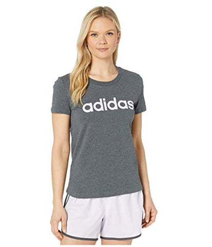 Image of adidas Women's Essentials Linear Slim Tee Dark Gray Heather/Purple Tint X-Small