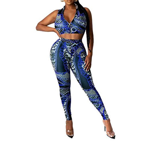 Image of 2 Piece Club Sets for Women Summer - Front Zipper Printed Sleevess Crop Tops High Waisted Skinny Bodycon Pants Suit Sports Tracksuit Clubwear A Blue XL